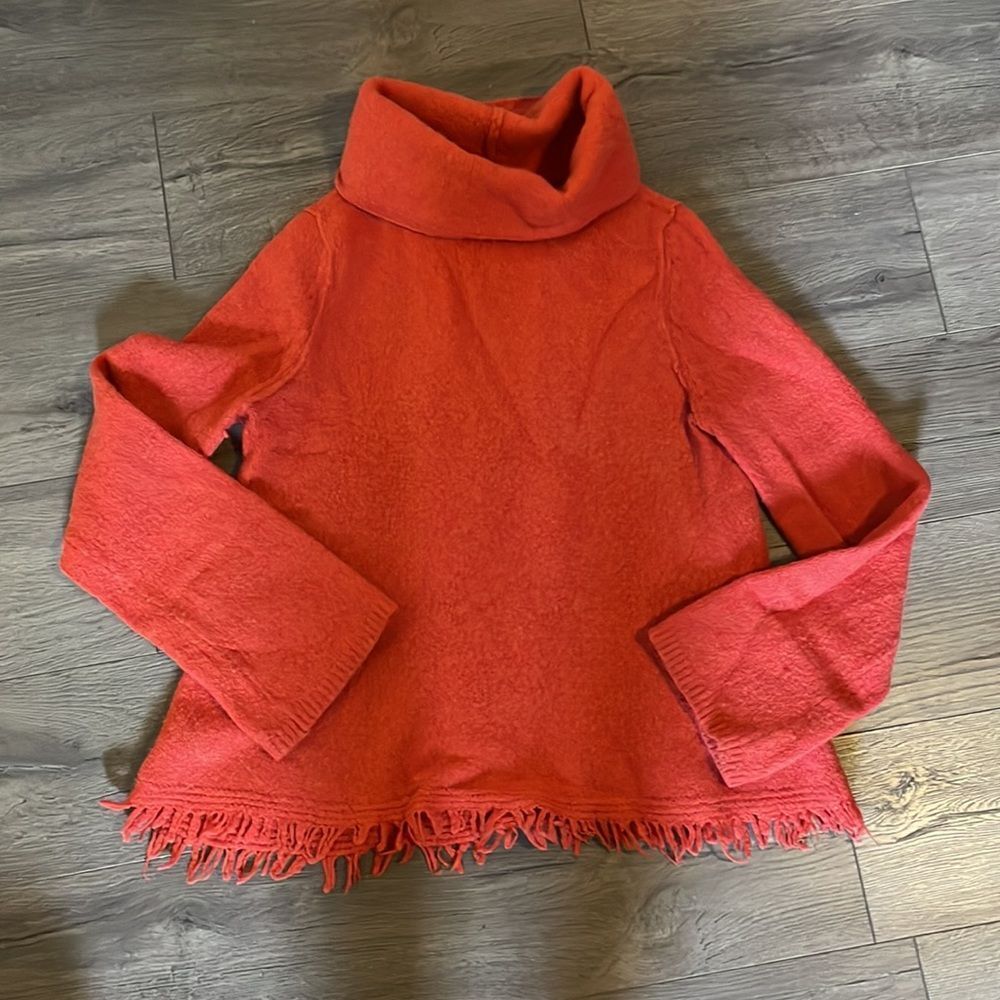 Anthropologie Red Turtleneck Fringe Hem Sweater